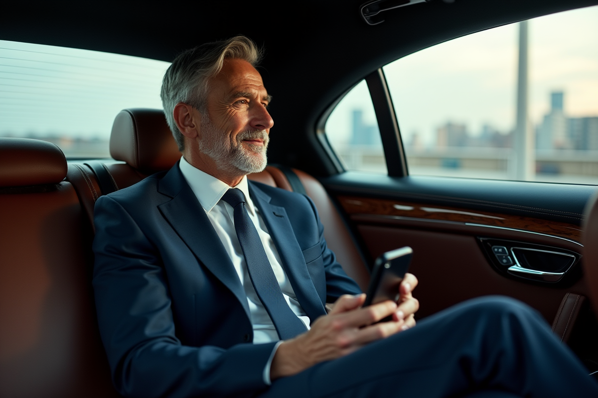 Homme élégant en costume dans une voiture de luxe