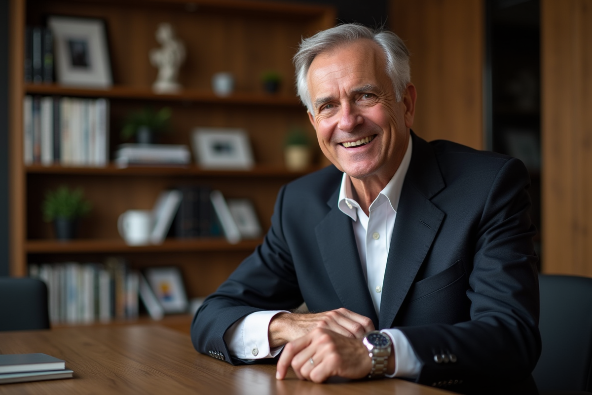 Homme élégant ajustant sa montre suisse dans un bureau moderne