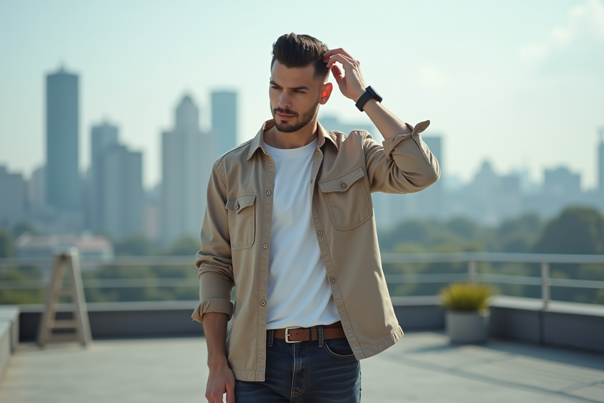 Homme en sous-cut habillé décontracté sur un toit urbain