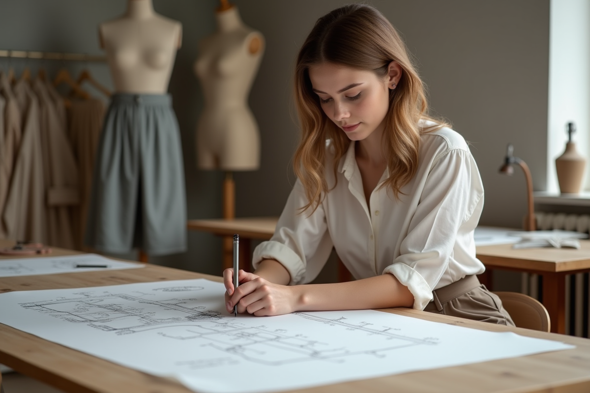 Jeune créatrice de mode en atelier dessinant un vêtement