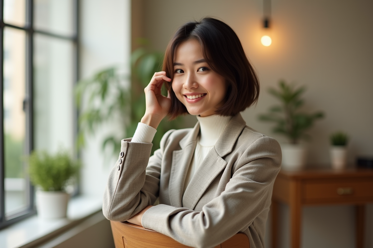Jeune femme en blazer et turtleneck ajustant sa coupe de cheveux