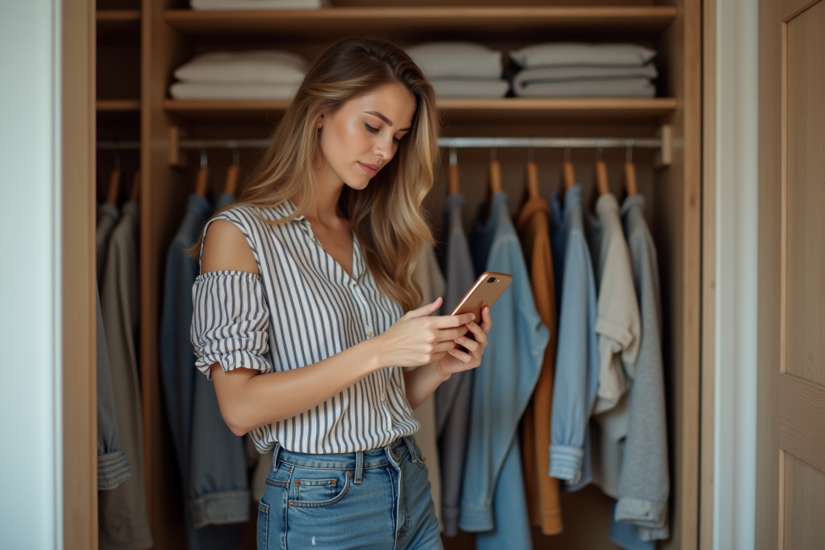 Jeune femme regardant un tableau de tailles dans sa chambre cosy