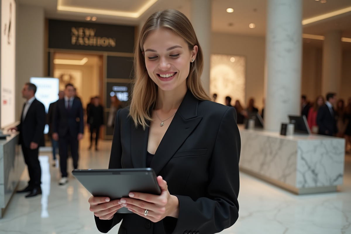 Jeune femme en costume avec tablette dans un lieu de mode à New York