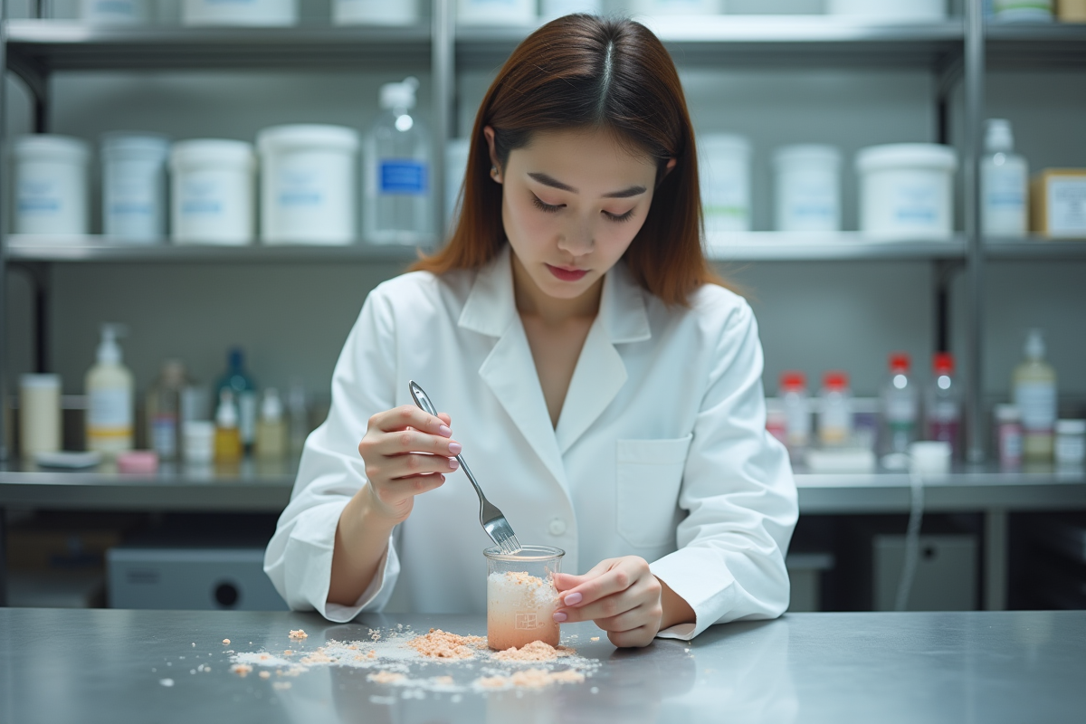Jeune femme en blouse blanche mélangeant pigments en laboratoire
