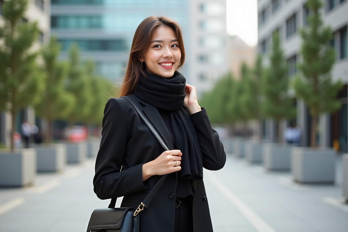 Jeune femme élégante en monochrome tendance 2026