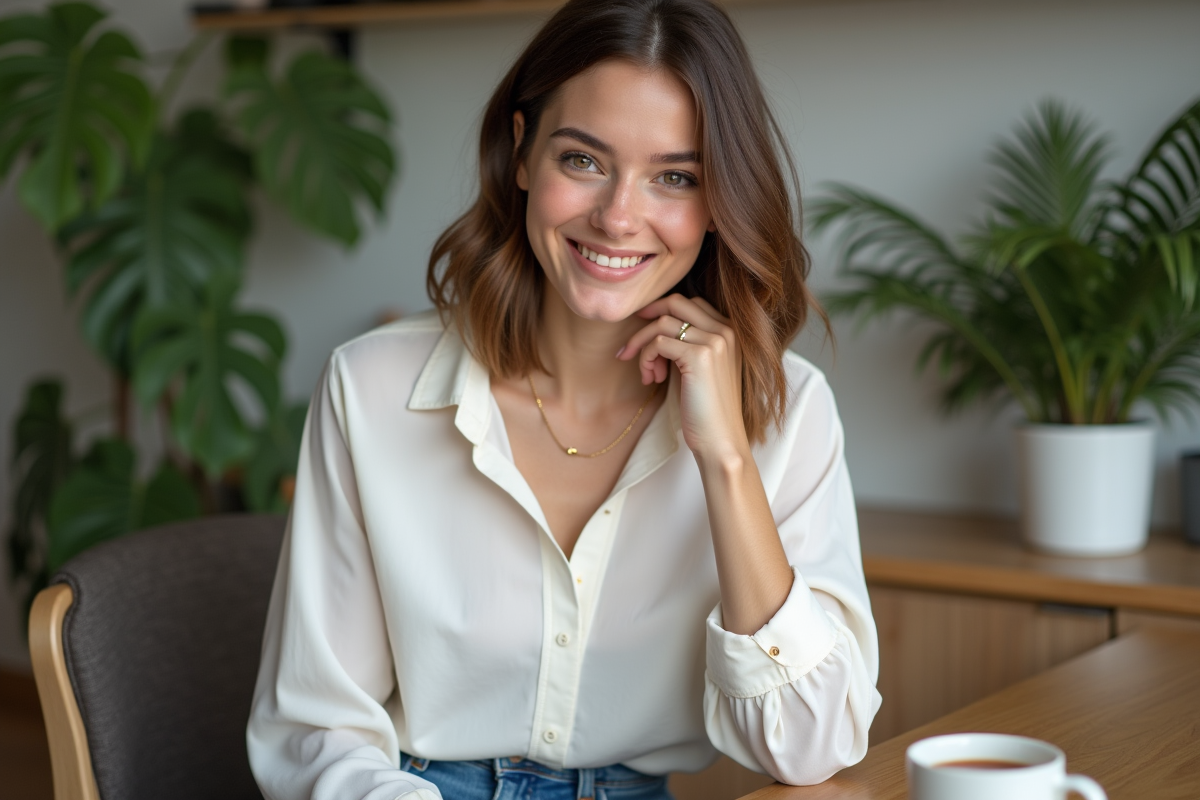 Jeune femme en blouse blanche porte un collier en or