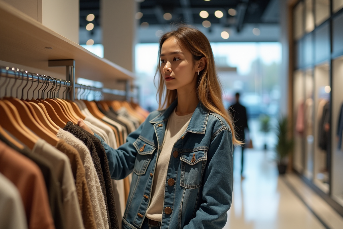 Jeune femme dans un centre commercial regardant une veste en laine