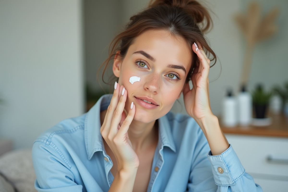 Jeune femme appliquant une creme sur le visage