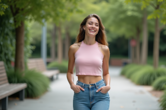 Jeune femme souriante dans un parc urbain en plein air