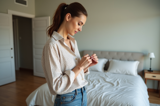Jeune femme inspectant la couture de sa blouse à la mode