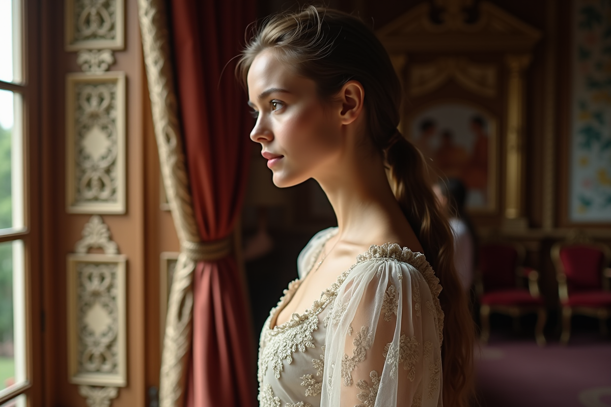 Jeune femme en robe victorien détaillée près d une fenêtre ornée