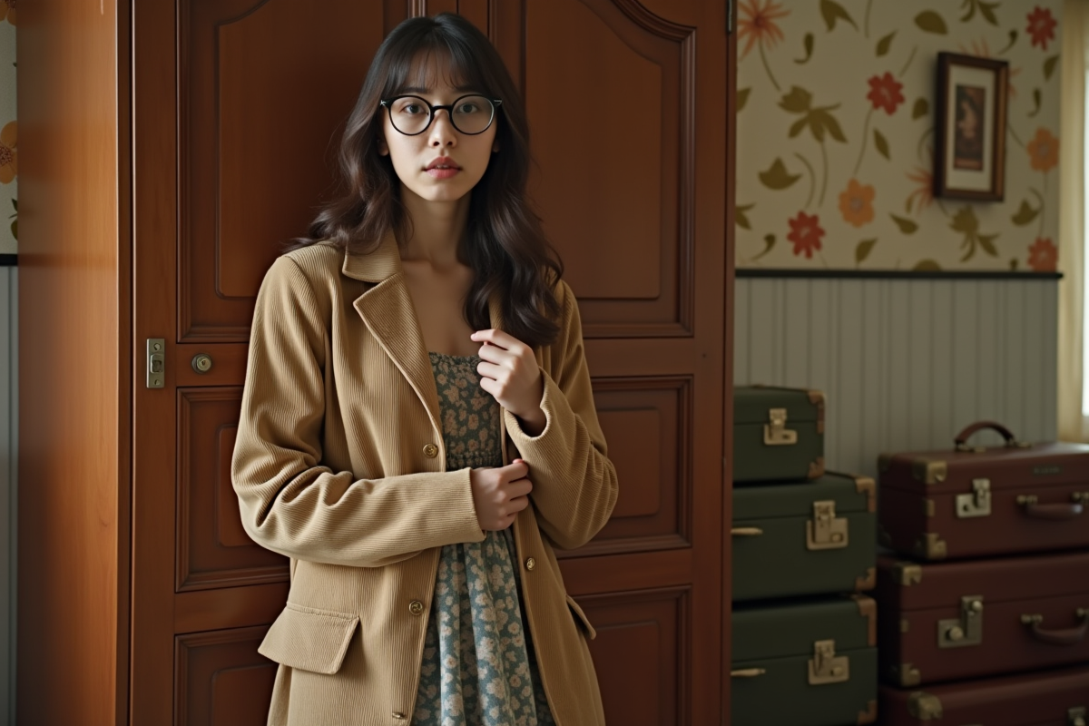 Jeune femme en robe vintage des années 70 ajustant sa manche