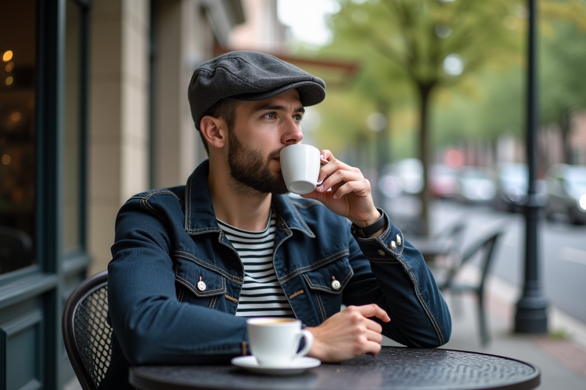 Jeune homme au café portant casquette en contemplant dehors
