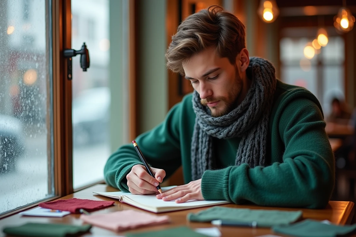 Jeune homme dessinant dans un café avec écharpe verte et ambiance hivernale