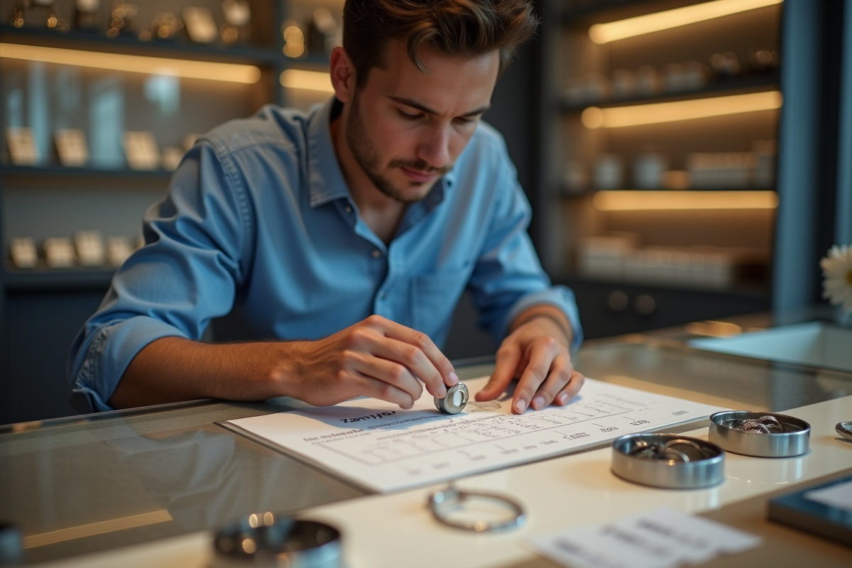 Jeune homme comparant un gabarit de bague dans une bijouterie moderne