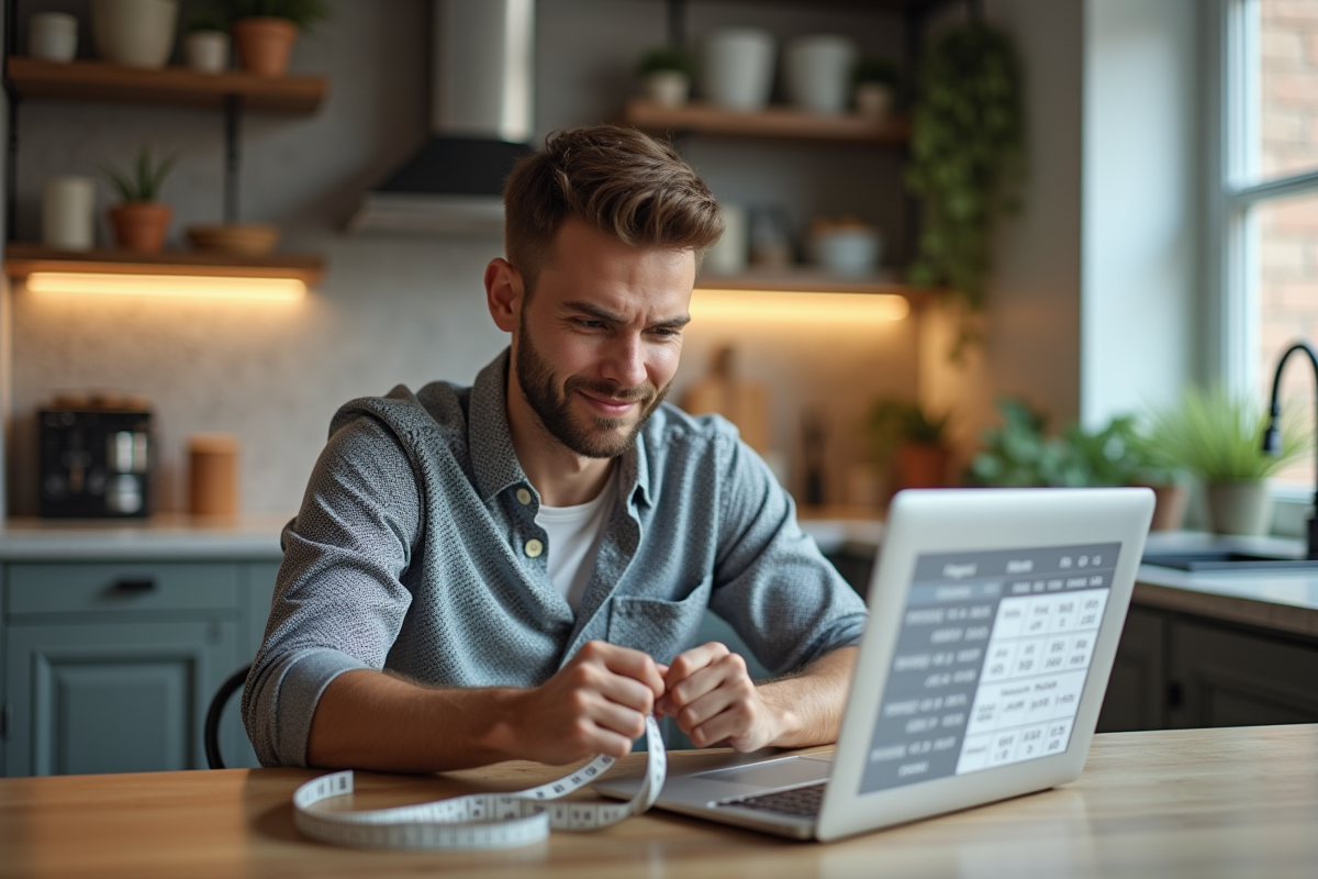 Jeune homme comparant des mesures dans la cuisine moderne