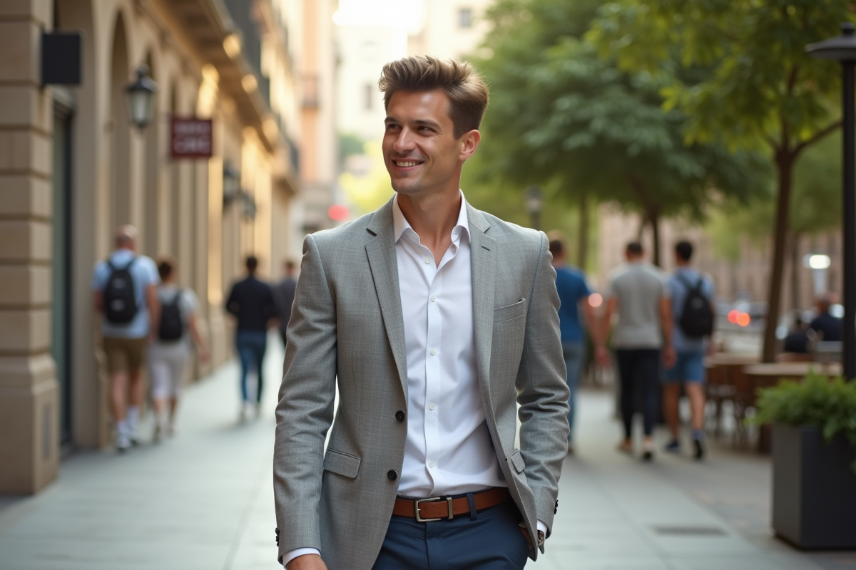 Jeune homme au visage triangulaire dans la ville ensoleillee