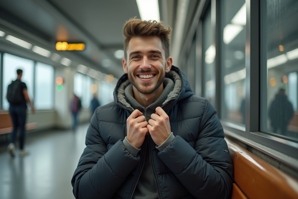 Jeune homme en veste puffer dans la gare