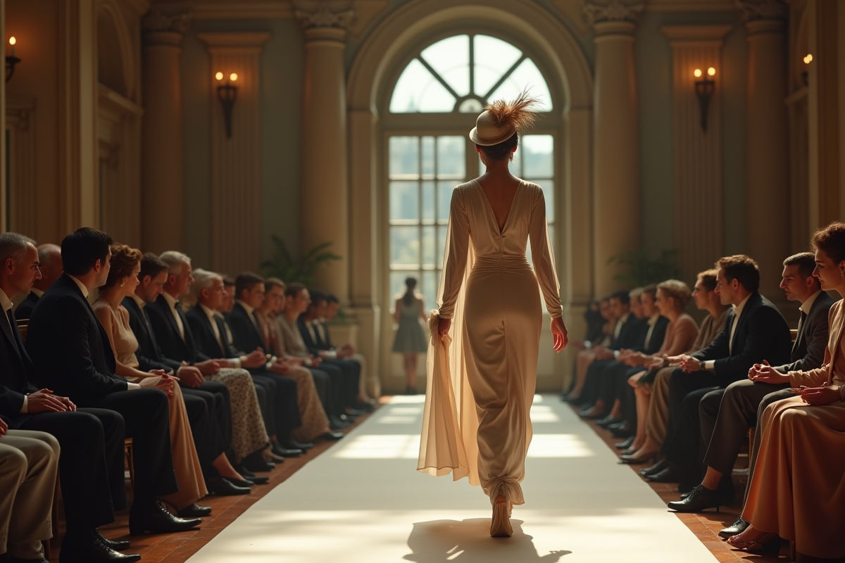 Modèle élégante en robe vintage défilant dans un salon parisien