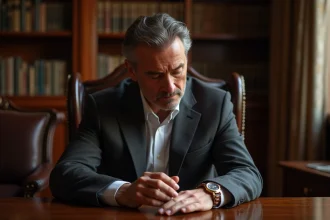 Homme en costume portant une montre mécanique de luxe dans un bureau élégant, symbolisant l'attrait intemporel de l'horlogerie haut de gamme
