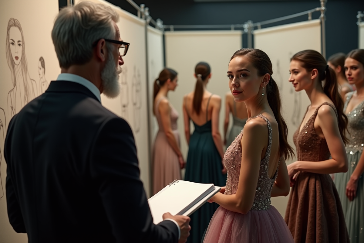 Homme observant des modèles en préparation backstage