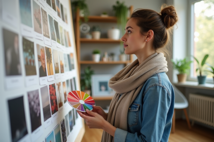 Femme en studio regardant un nuancier de couleurs